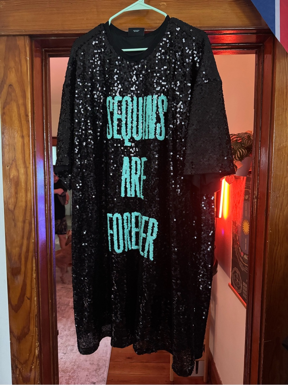 Taylor Swift Black Sequin Tee Dress with Turquoise 'Sequins Are Forever'